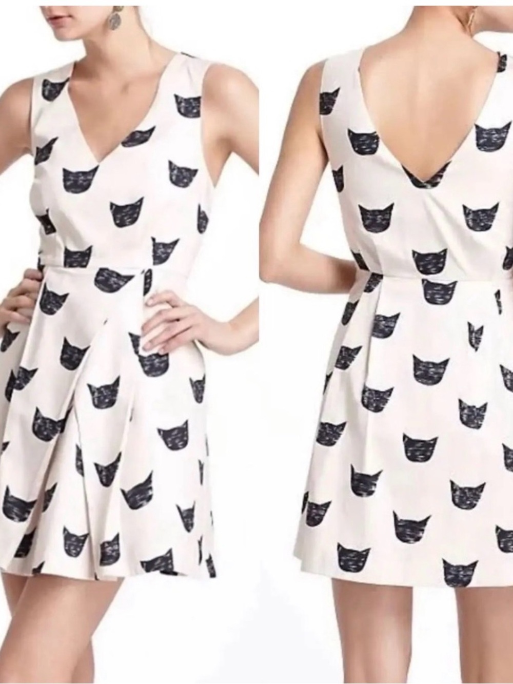 White Cat-Print Sleeveless Dress